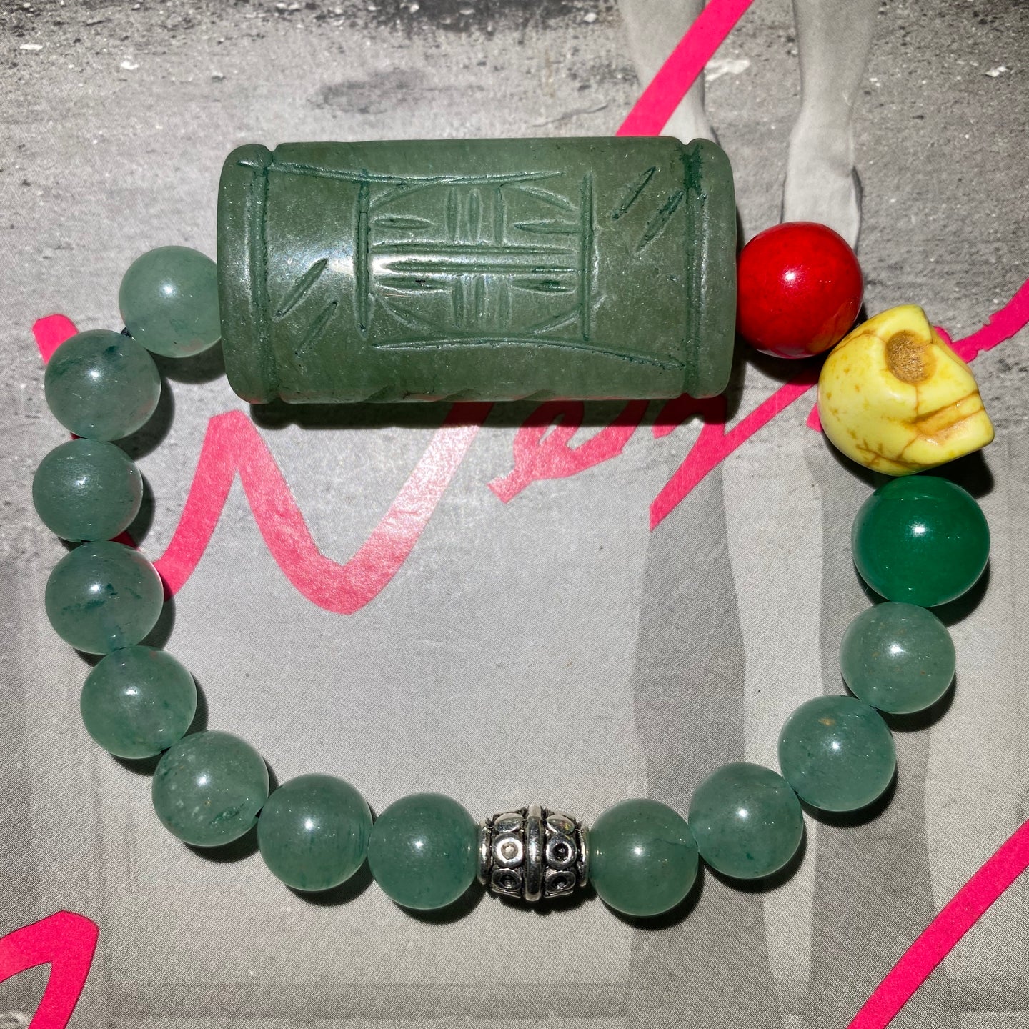 Green Onyx Stone Bracelet with Skull